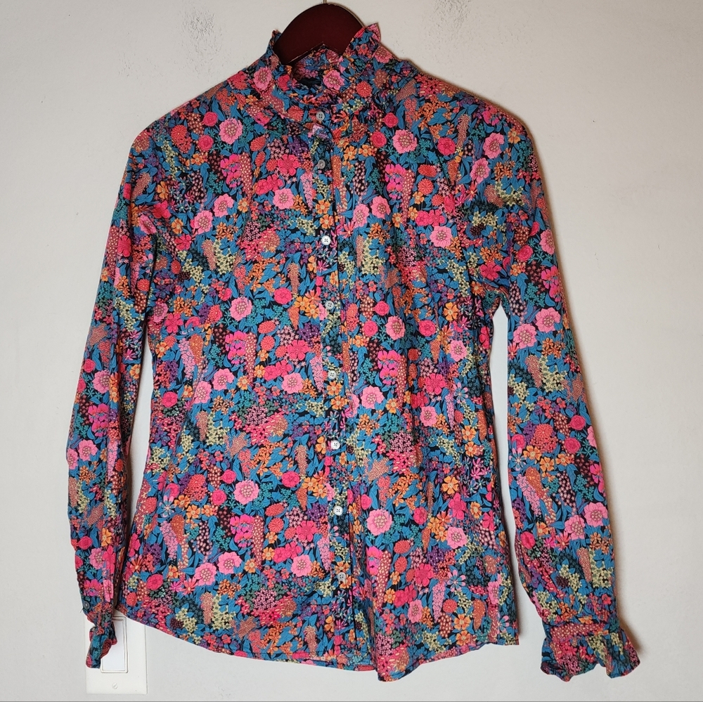 J. Crew Liberty 100% Cotton Classic-fit Boy Shirt Ruffle Collar Vibrant Floral S